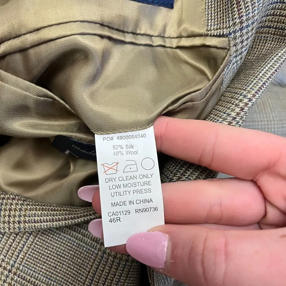 Ralph Lauren Men Brown Blazer 46R Tweed Plaid Wool Single Breast Silk Sport Coat
